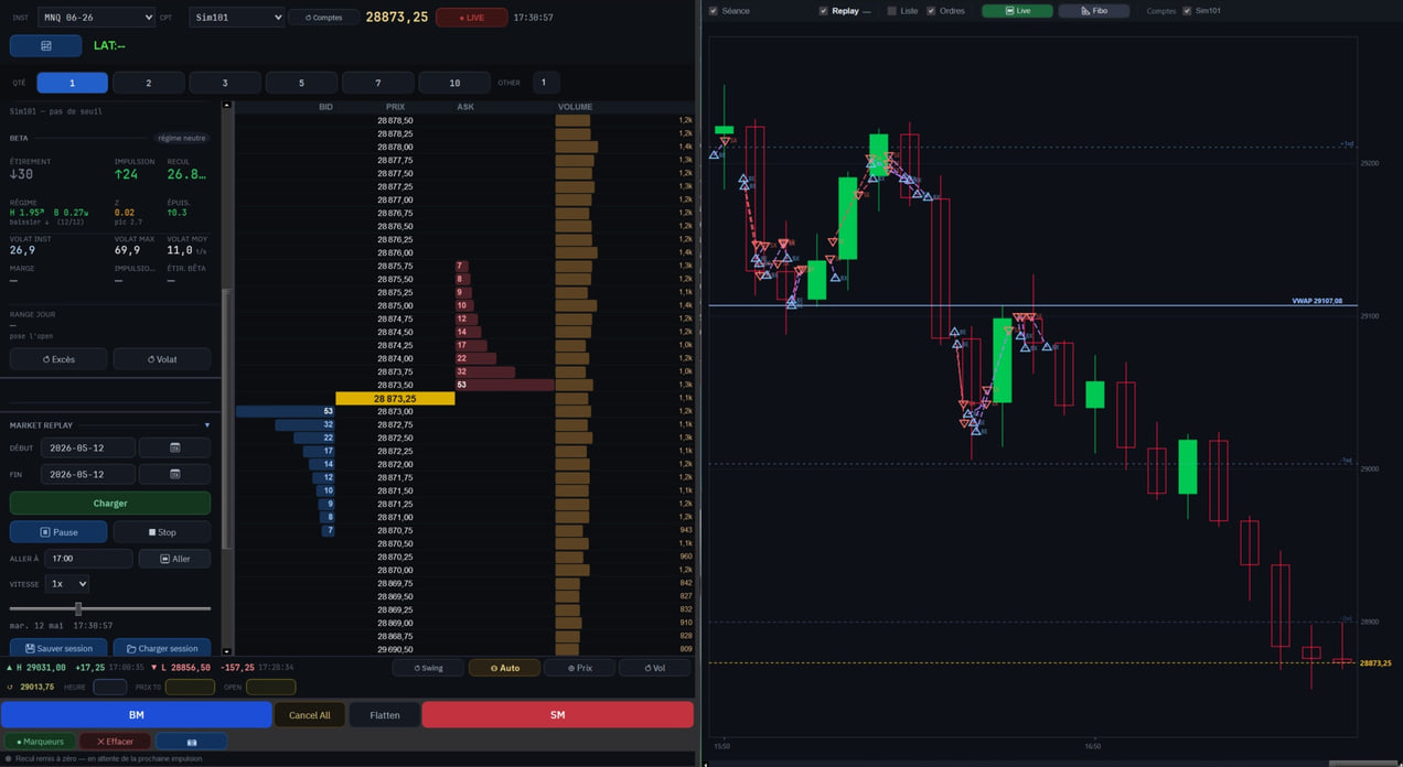 The Alpha DOM order book in session: the measurement band, the price ladder with depth on both sides, the volume column and the session replay panel. Simulation account.